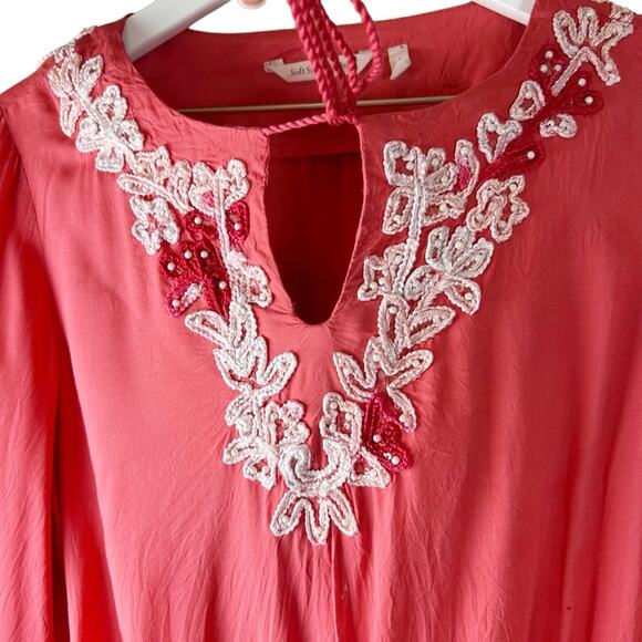 Soft Surroundings Coral Beaded Embroidered Tunic Top Cinch Waist Size Small - Picture 4 of 8